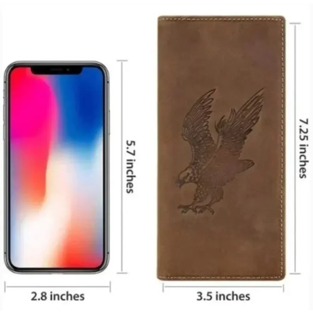 Vintage Brown Leather Long Wallet with Eagle Embossed Design RFID Bifold